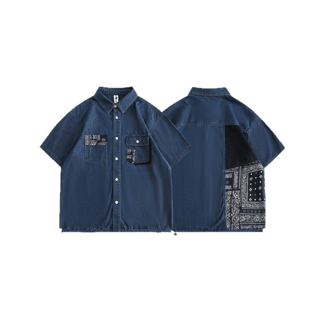 Washed Denim Shirt with Cashew Flower Splicing