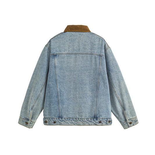 Color-Blocked Turn-Down Collar Casual Denim Jacket
