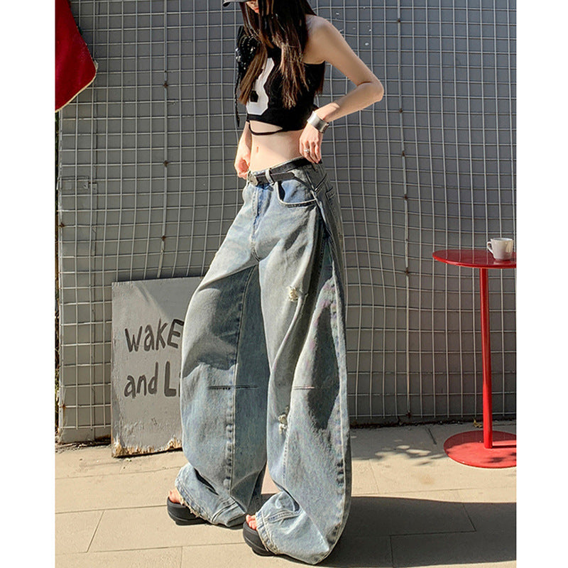 Unique Scythe Denim Pants for Women - Slimming Distressed Wide-Leg Trousers