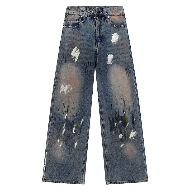 Graffiti Color-Blocking Denim Pants - Men's Loose Straight Leg Trousers