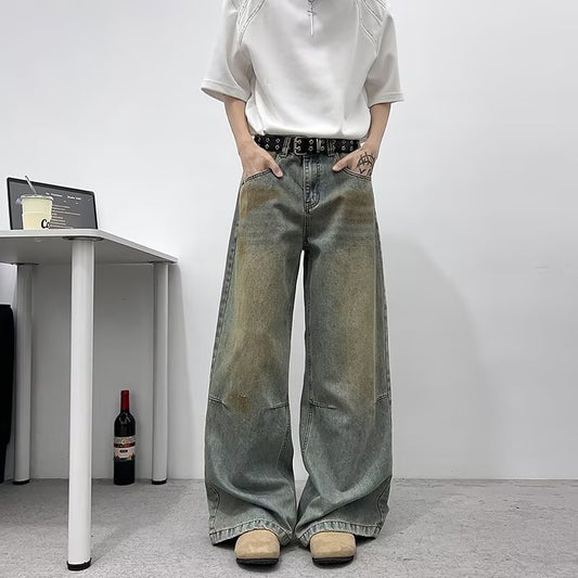 Vintage Distressed Dirty Blue Wide Leg Jeans - Premium Japanese Denim
