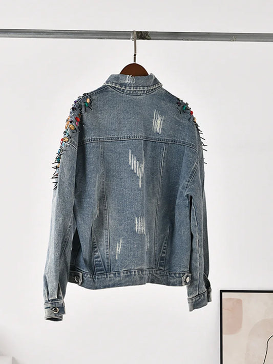 Long Sleeve Colorful Rivet Denim Jacket - Vintage Outwear