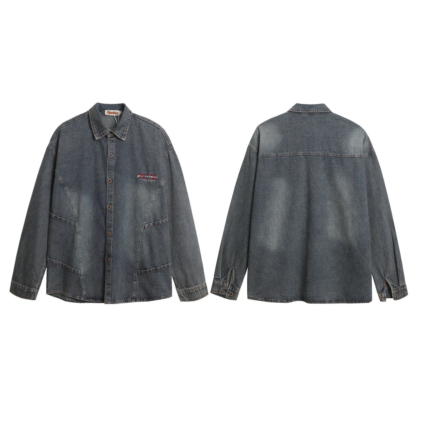 Washed Patchwork Denim Long Sleeve Shirt