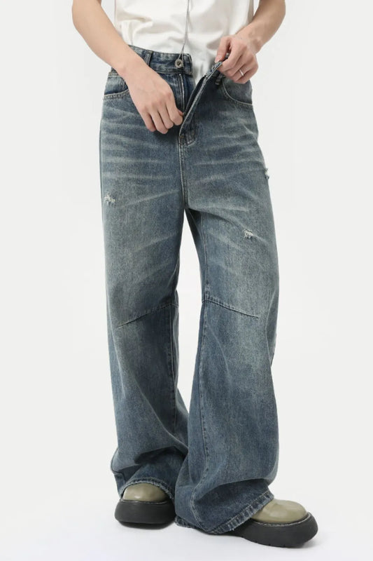 Premium Distressed Wide Leg Men's Jeans with Pockets