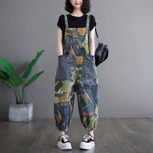 Fashionable Artistic Retro Printed Denim Overalls for Women with Ankle Binding