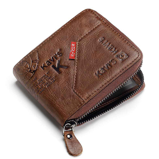 Men's Short Leather Wallet with Zipper - Retro Multifunctional Soft Wallet