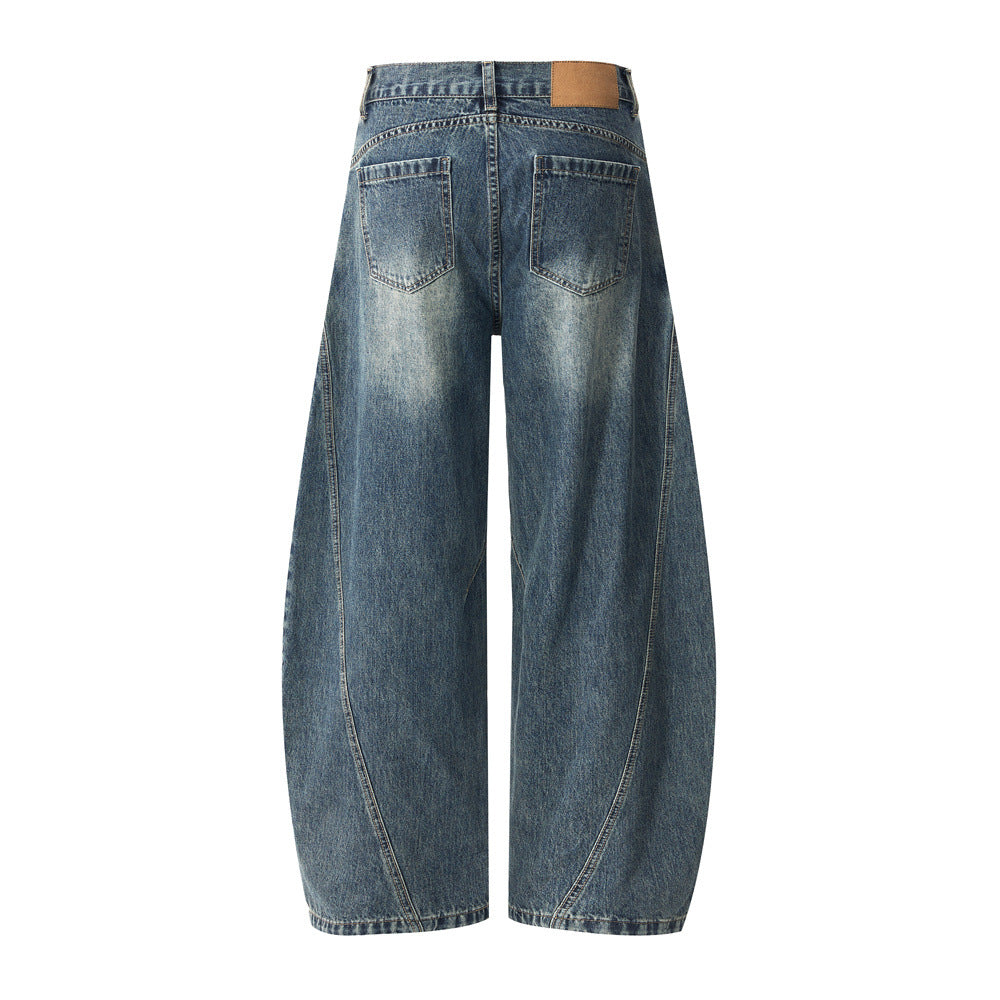 Men's Denim Jeans, Distressed White Washed Catwhisker Knife Cut, Loose Fit Casual Pants for Men