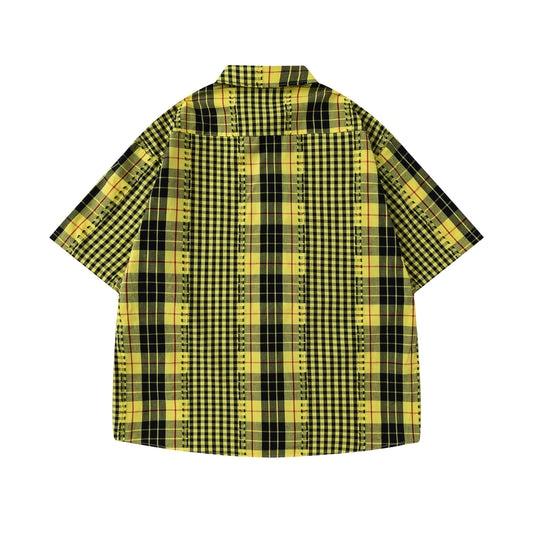 Retro Spliced Frayed Plaid Short Sleeve Shirt for Men