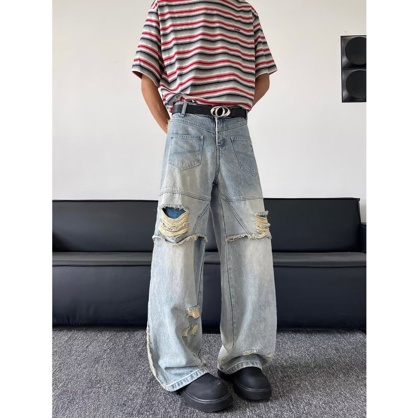 Washed Ripped Denim Loose Straight Leg Wide Leg Pants