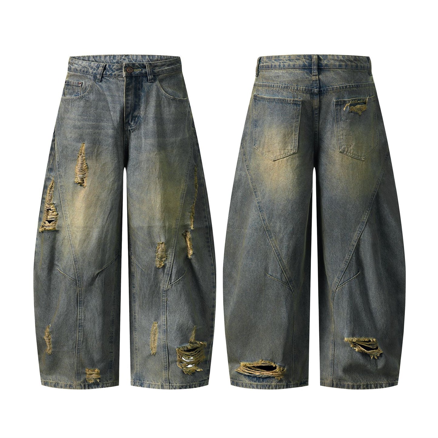 Men's Retro Distressed Denim Pants - Loose Fit Straight Leg Trousers
