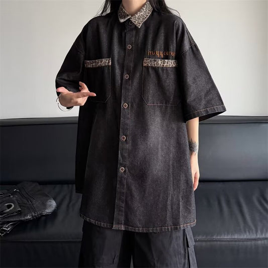 Women's Vintage Style Spliced Denim Short-Sleeve Shirt