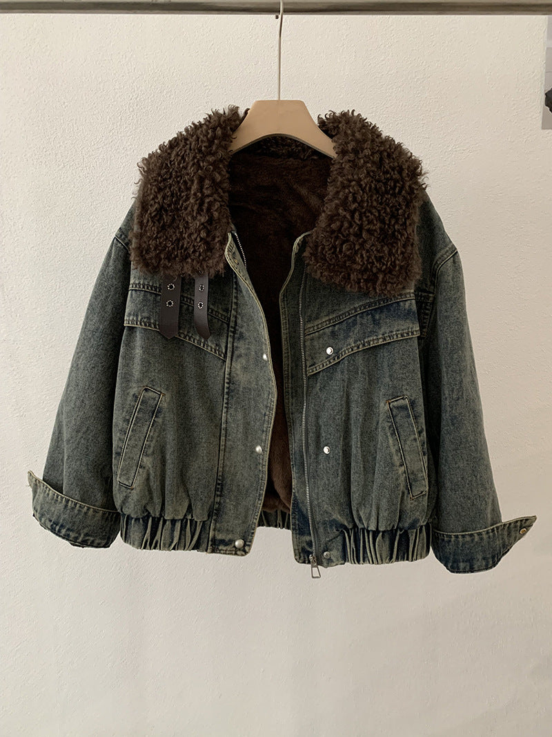 Loose Fleece-lined Thickened Denim Jacket Long Sleeve Casual Warm Top