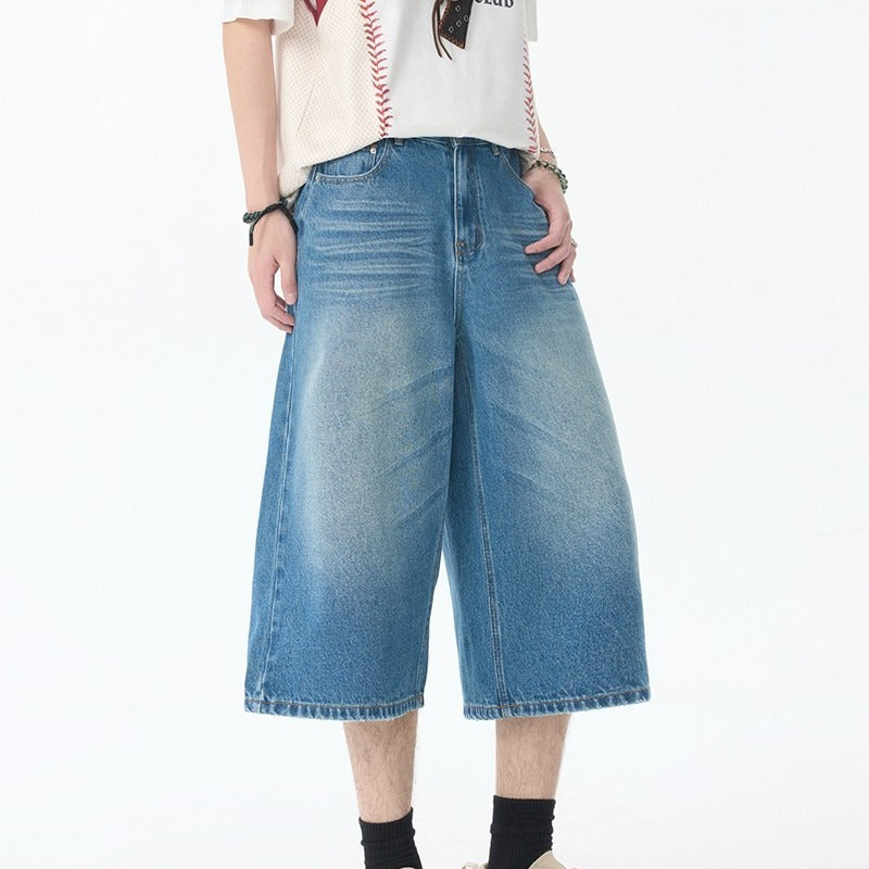 Washed Denim Cropped Straight Leg Casual Shorts