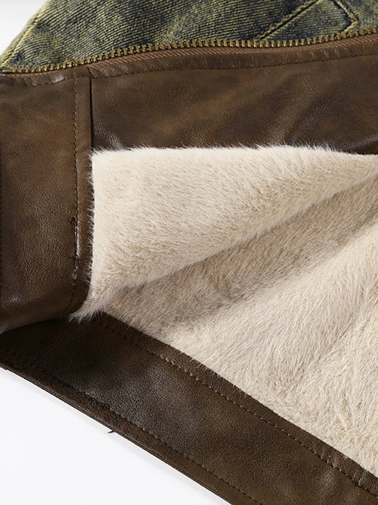 Women's Vintage Denim Biker Jacket with PU Leather Patchwork