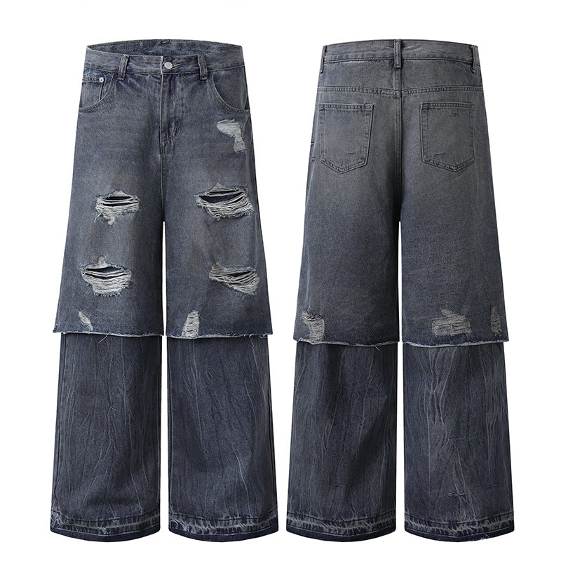 Ripped Faux Two-Piece Straight Leg Jeans Washed Casual Trousers