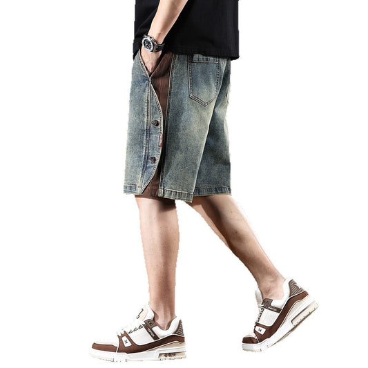 Loose Five Quarter Pants with Elastic Waist in Blue Denim