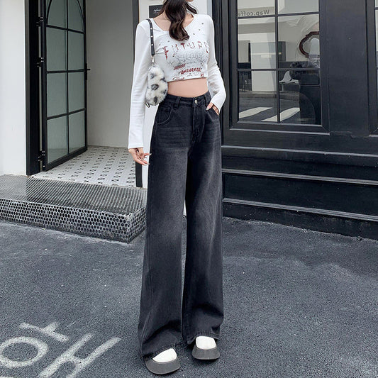 Wide-Leg High-Waist Jeans for Women – Black Grey Loose Drape