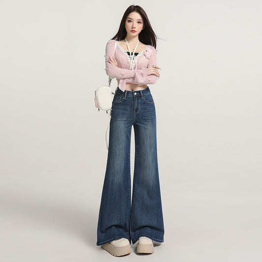 High Waist Retro Flared Denim Pants for Women - Slimming Elastic Wide Leg