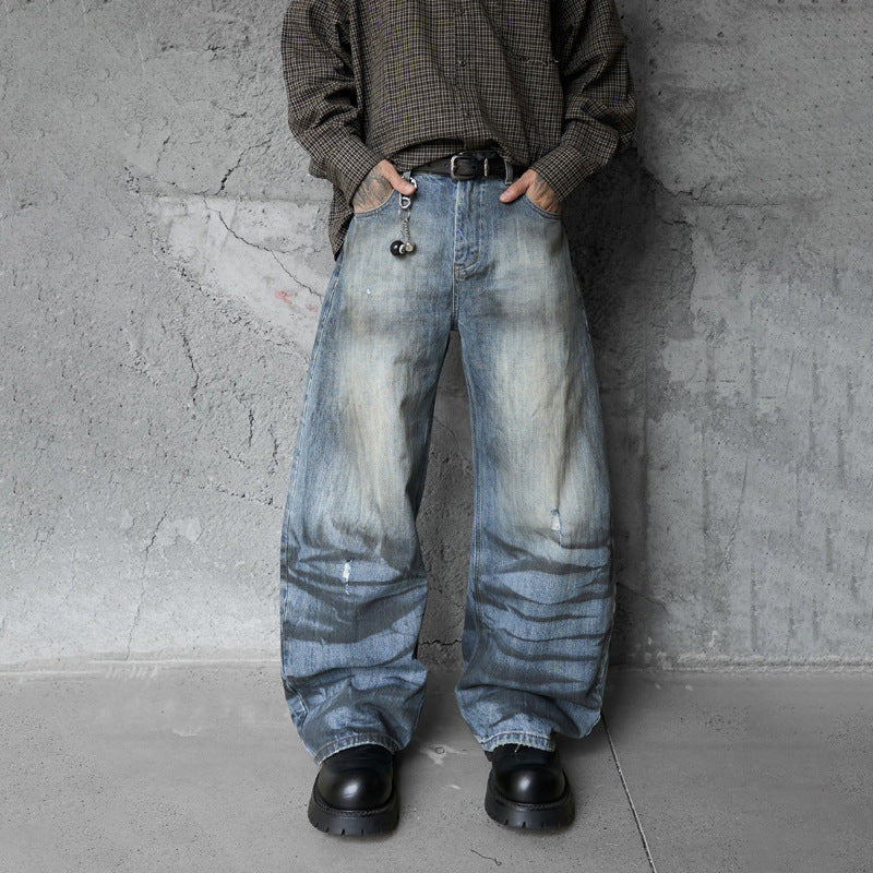 Vintage Distressed Washed Knife-Edge Denim Pants