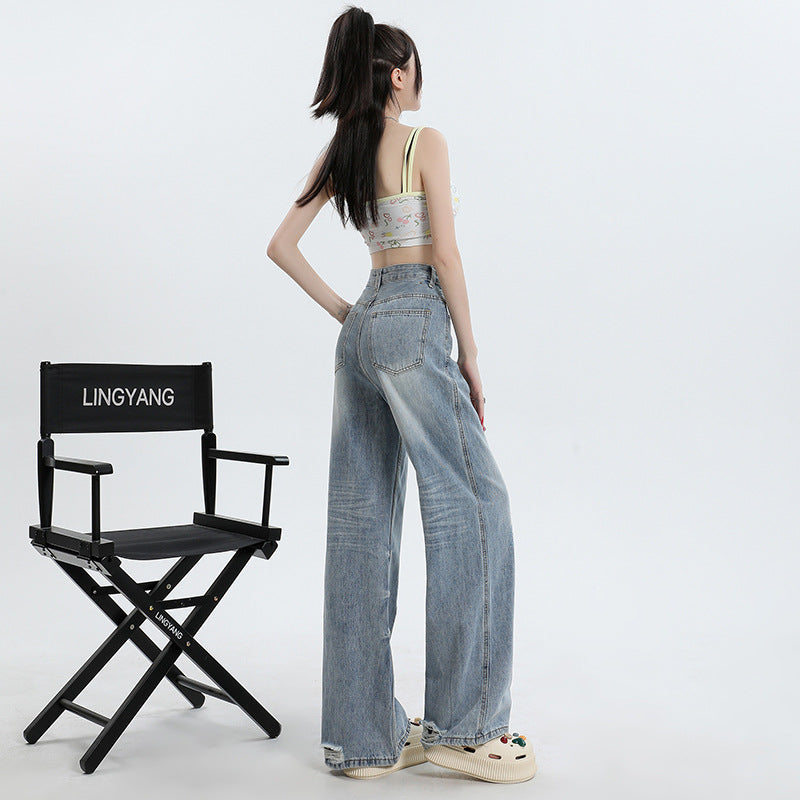 Women's Washed High-Waist Wide-Leg Jeans - Summer Loose Slimming Drape Trousers