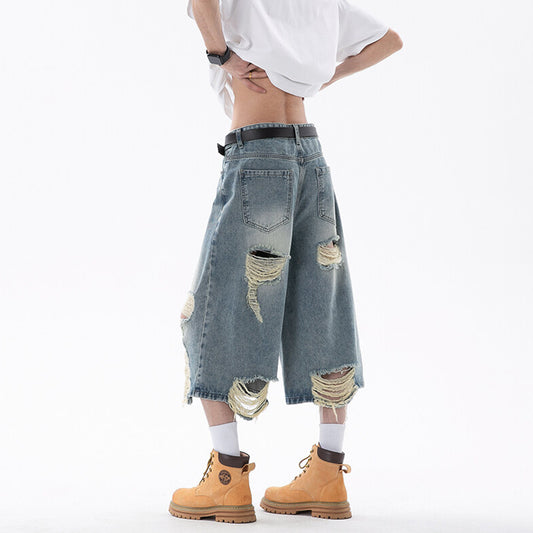 Men's Ripped Denim Cropped Pants - Summer Lightweight Design
