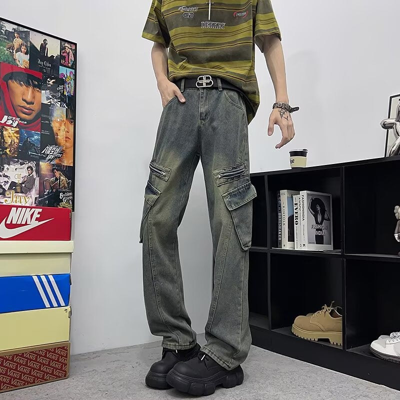 Multi Pocket Zipper Denim Distressed Workwear Straight Leg Pants