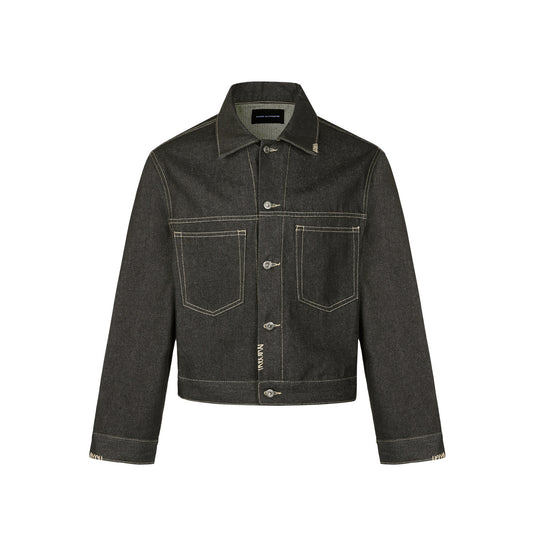 Short Wide Boxed Double Pocket Turn-Down Collar Denim Suit Jacket