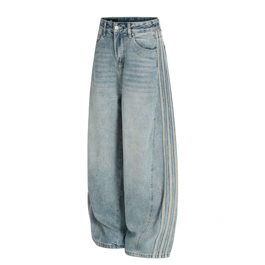 Vintage Washed Blue Side Stripe Design Unisex Loose Wide-Leg Jeans