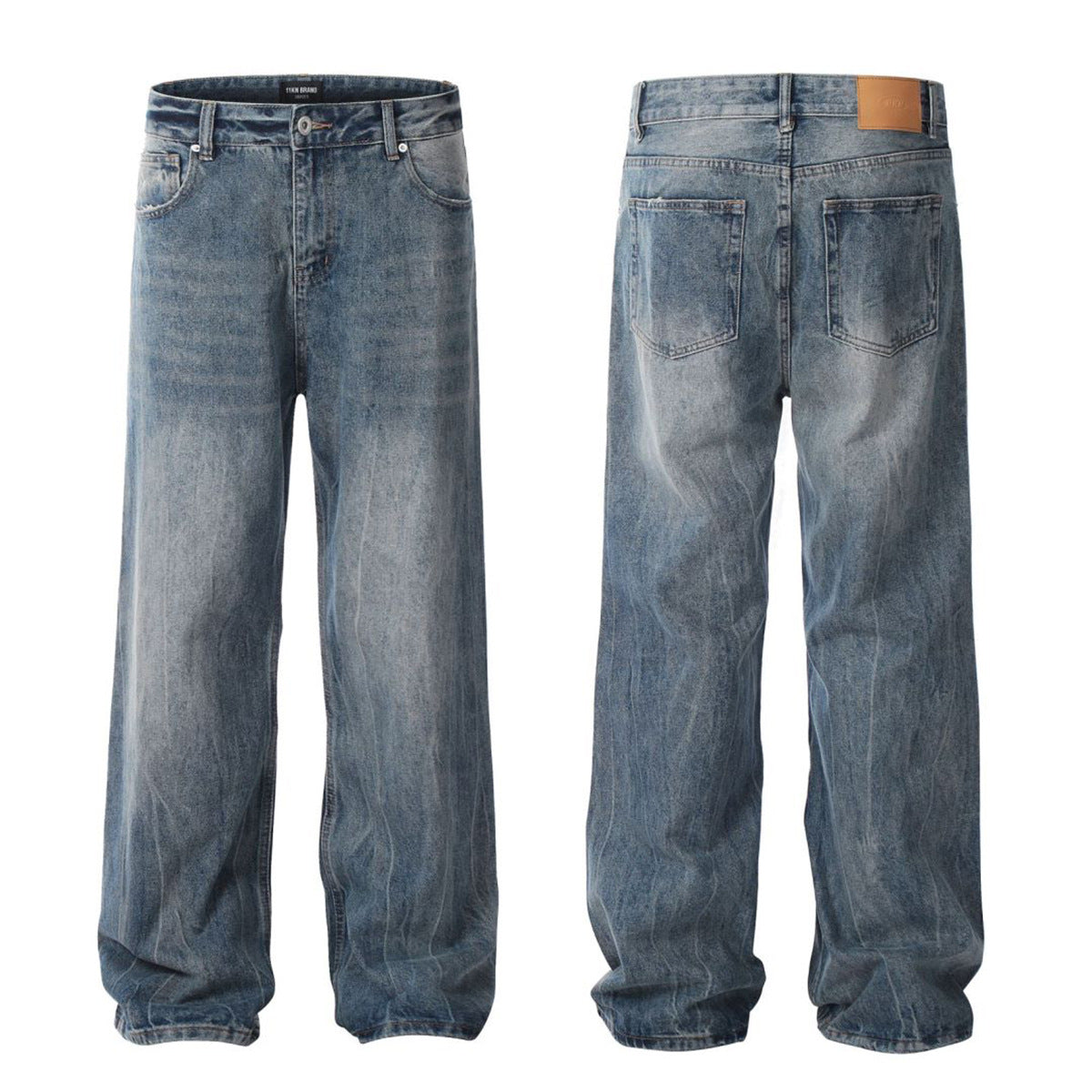 Blue Flared Denim Pants for Men and Women - Simple Clean Fit with Gathered Loose Straight Leg