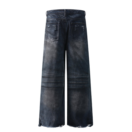 Washed Denim Pants - Straight Wide Leg Trousers