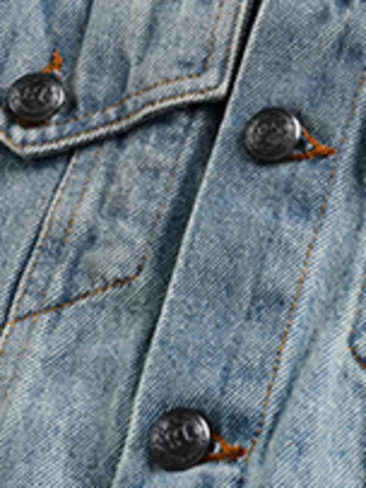 Women's Vintage Denim Coat with Shoulder Pads - Blue Washed