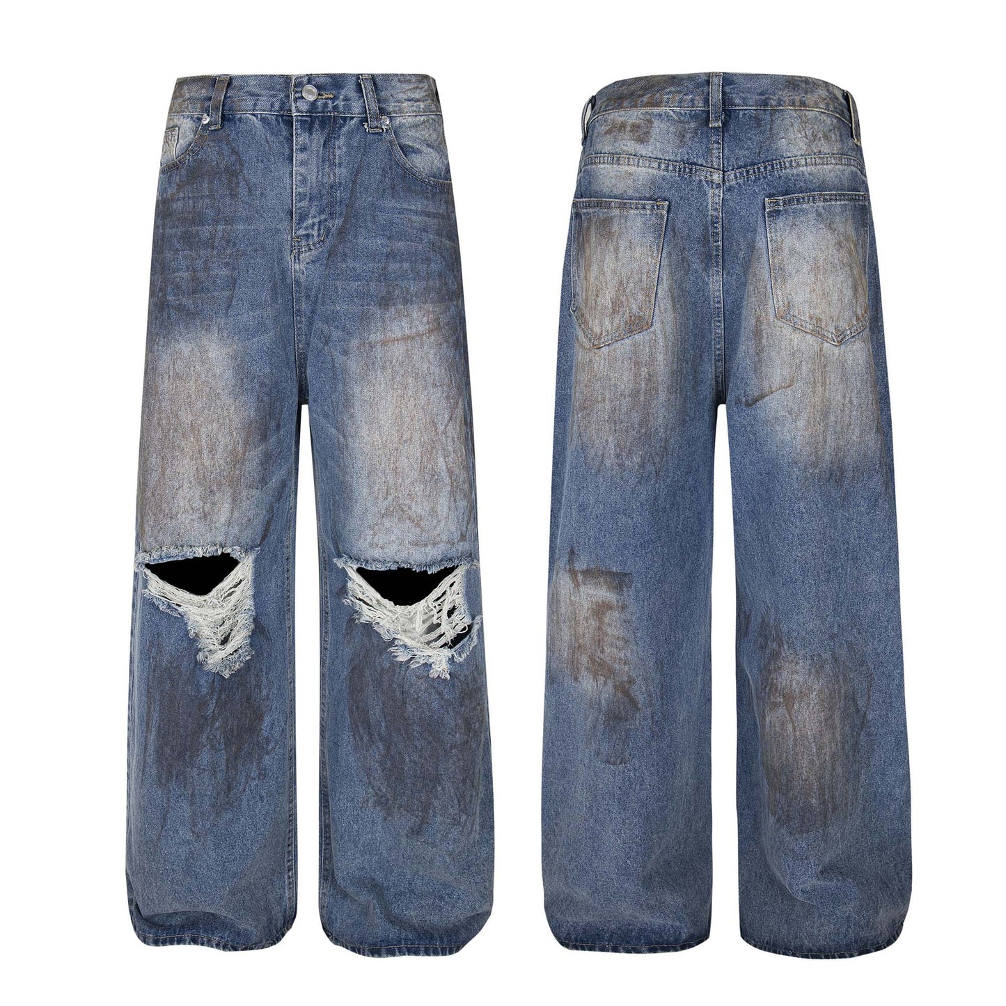 Retro Washed Faded Distressed Denim Pants - Unisex Loose Wide Leg Trousers