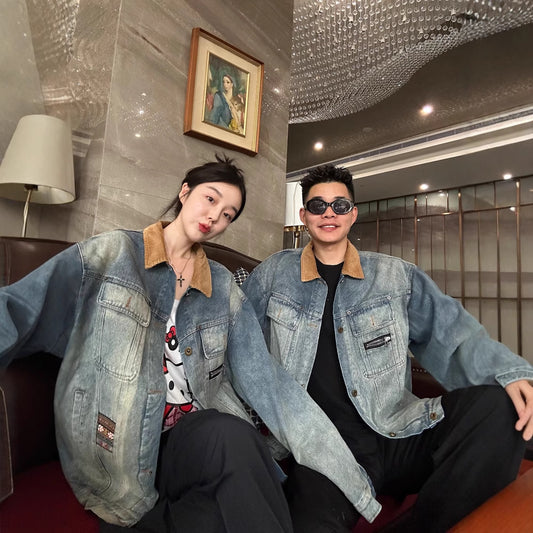 Casual Vintage Stitched Denim Jacket with Flip Collar for Men and Women