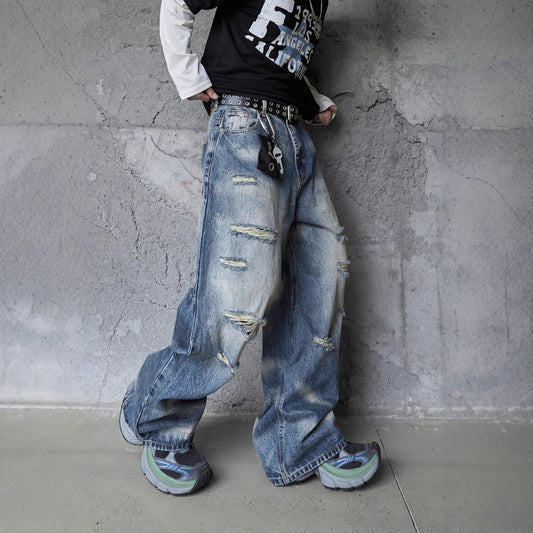 Vintage Design Ripped Streetwear Loose Fit Jeans for Men