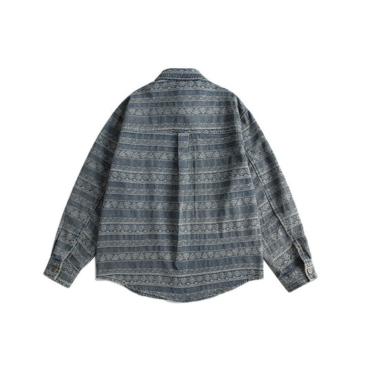 Striped Jacquard Long Sleeved Shirt Men's Distressed Washed Denim Shirt