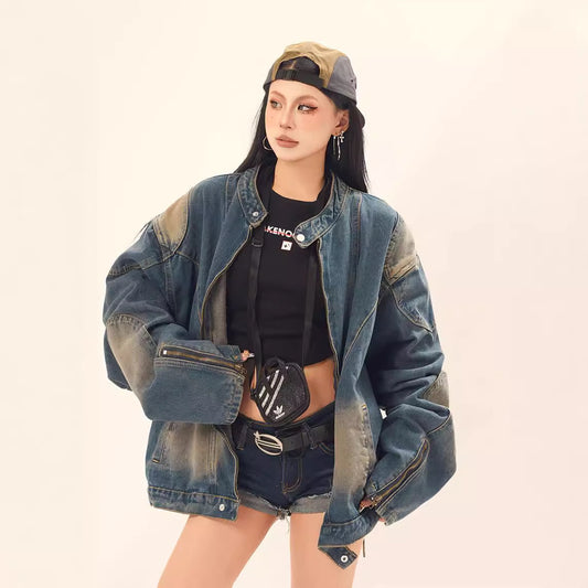 Washed Tie-Dye Stand-Up Collar Denim Jacket