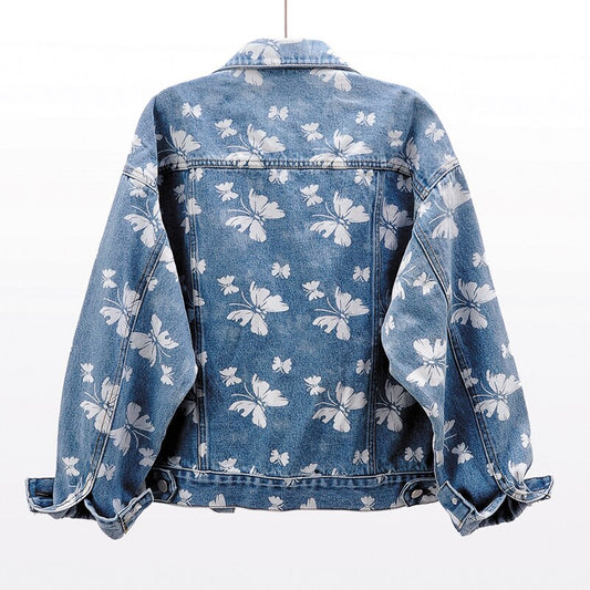 Women's Blue Butterfly Print Denim Jacket - Casual Loose-Fit Short Coat