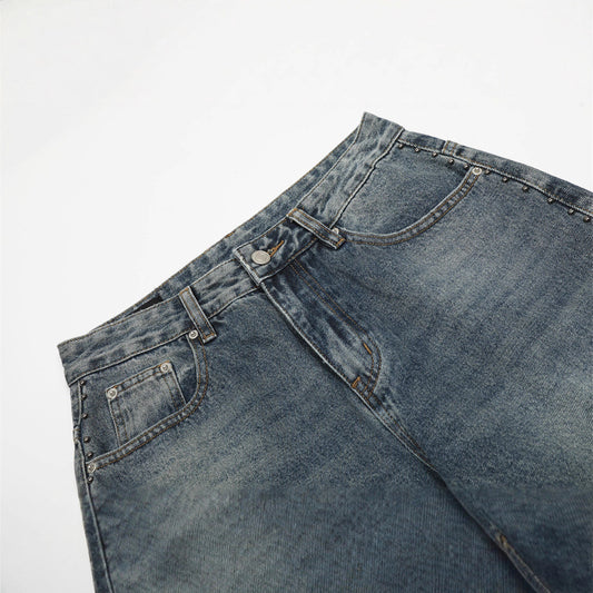 Men's Denim Pants, Patchwork Cat Whisker Design Loose Fit, Casual Wide Leg Jeans for Men