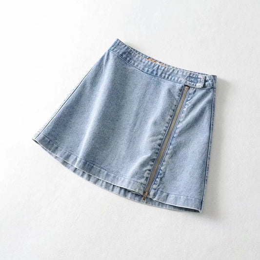 Women's Light Blue High-Waisted Denim Skirt with Side Zipper