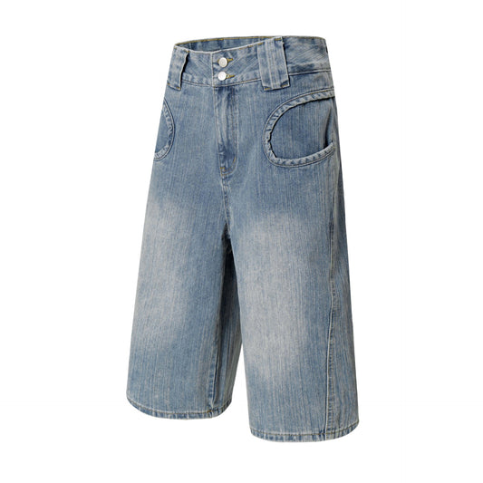Washed Vintage Denim Shorts with Unique Pocket Design