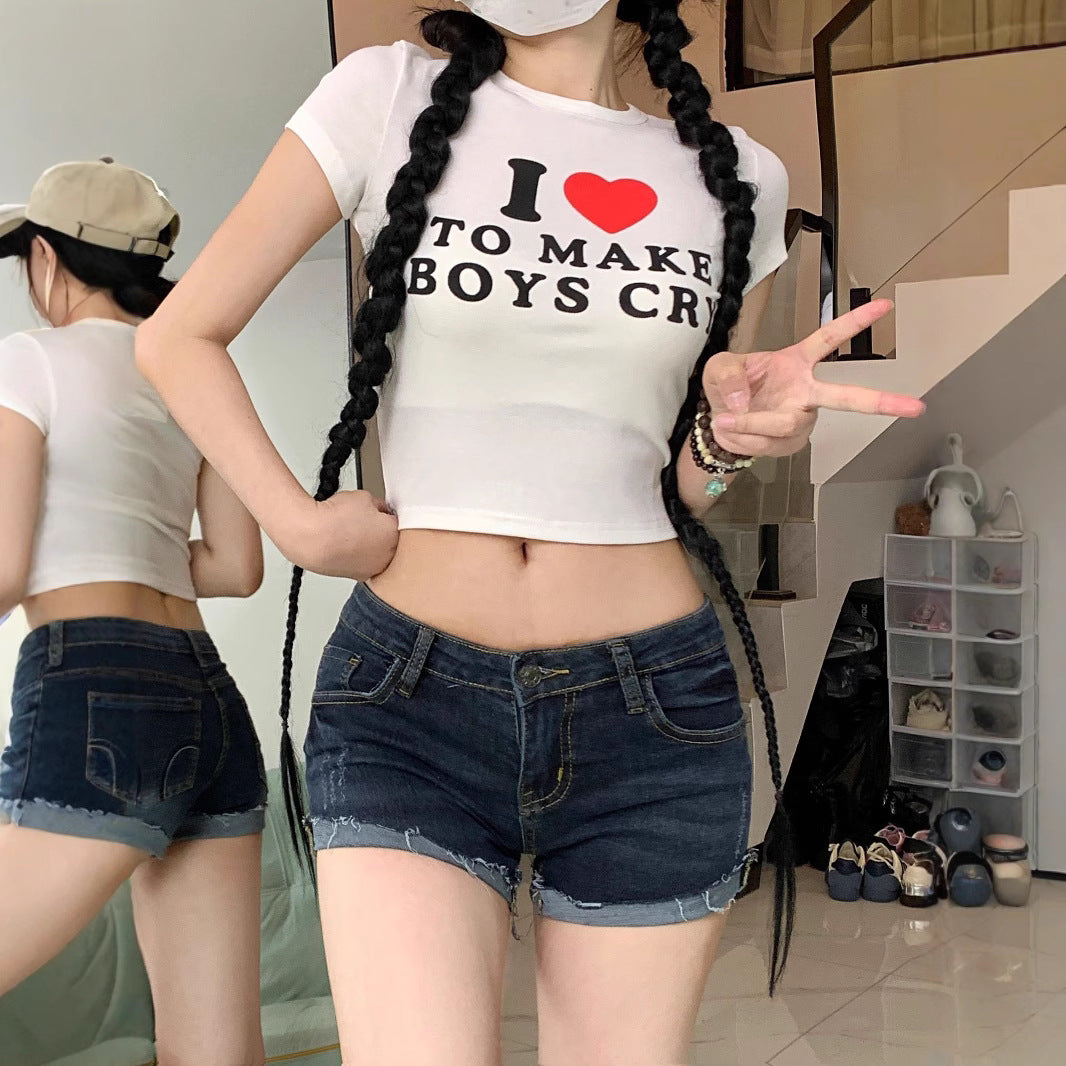 Low Waist Hip-Padded Denim Shorts for Women with Frayed Hem and Pockets - Sexy Fitted Skirt Style