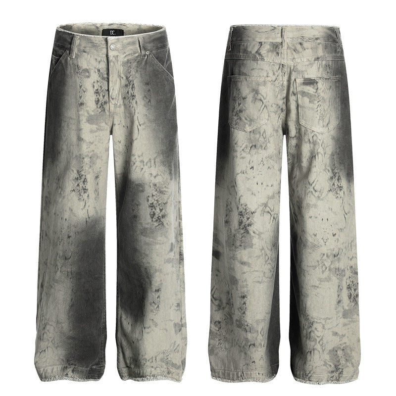 Street Washed Snake Pattern Denim Pants for Men