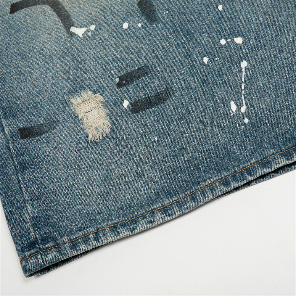 Men's Heavy-Duty Aged Denim Distressed Three-Quarter Shorts