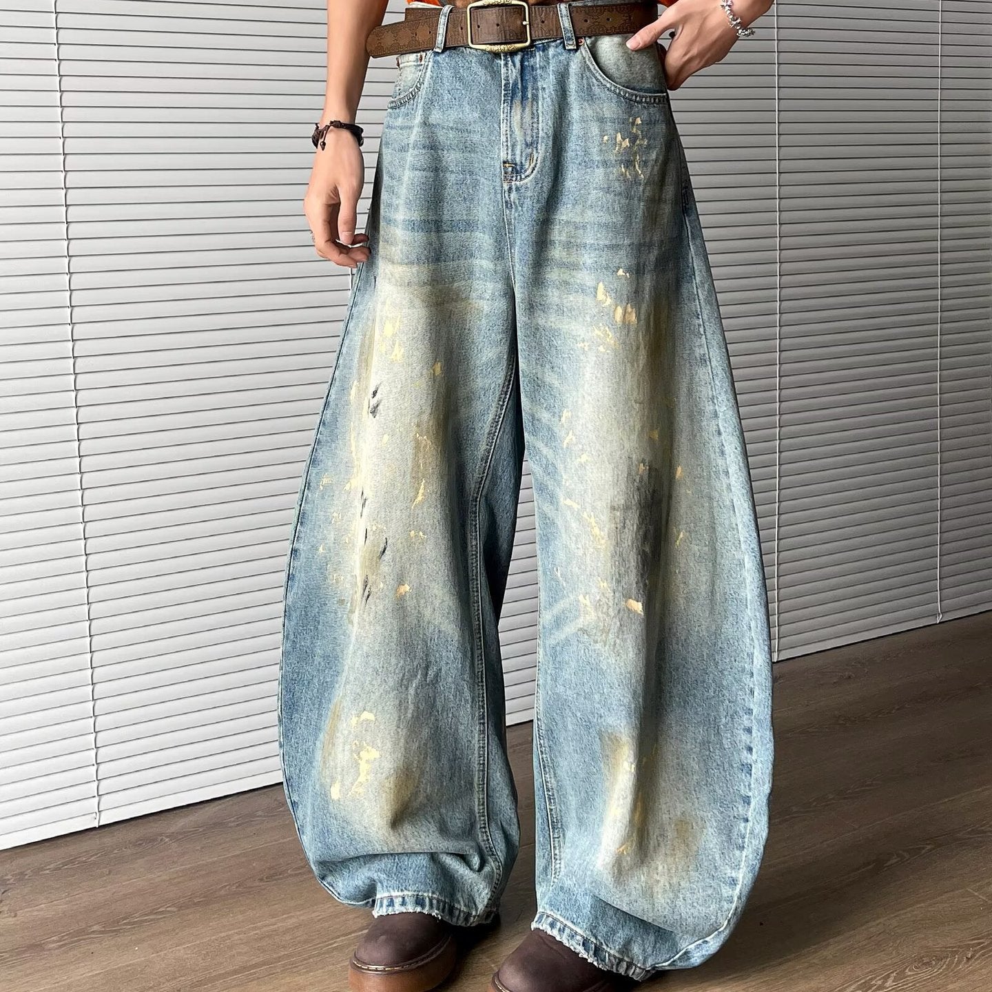 Retro Splash Ink Dirty Dye Destroyed Curved Knife Jeans