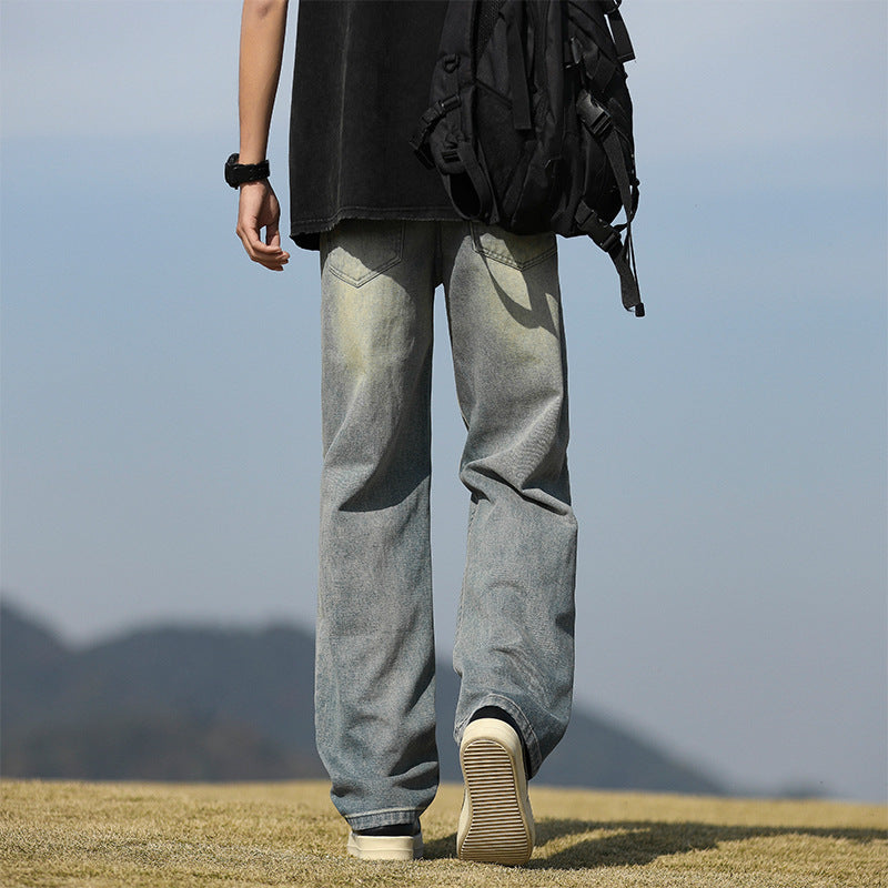 Men's Loose Wide Leg Long Trousers - Vintage Blue