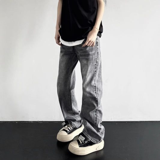 Retro Washed Vintage Smoky Gray Denim Pants - Unisex Loose Straight Leg All-Match Long Pants