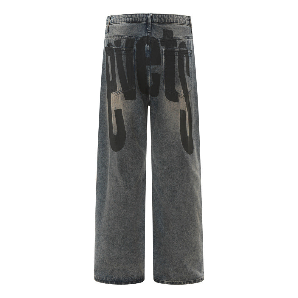 Men's Straight Leg Denim Jeans with Letter Print, Casual Loose Fit Pants