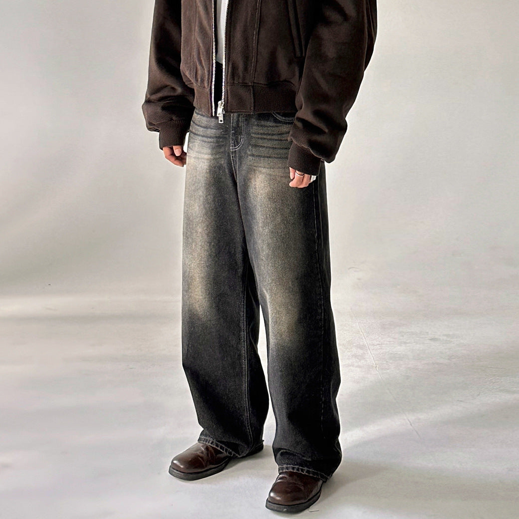 Vintage Washed Straight Leg Jeans Loose Wide Leg Pants