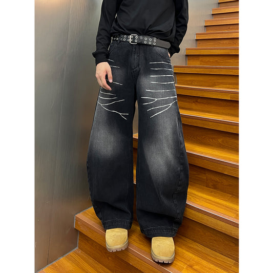 Washed Denim Loose Curved Knife Wide Leg Pants