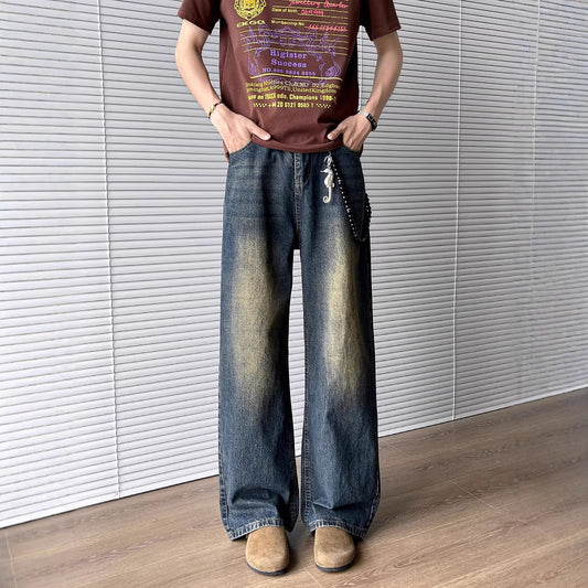 Washed Curved Knife Denim Straight Leg Slightly Flared Wide Leg Pants